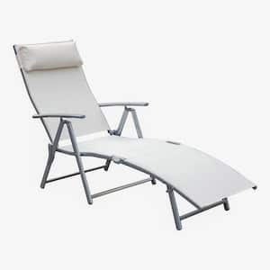 Silver Steel Fabric Outdoor Folding Chaise Lounge Chair Recliner with Portable Design, White Cushions