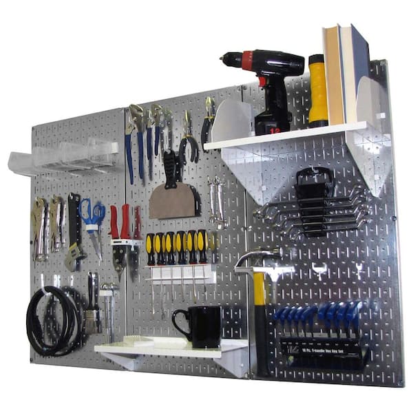 Wall Control 4ft Metal Pegboard Standard Tool Storage Kit - Galvanized Metallic Toolboard & White Accessories