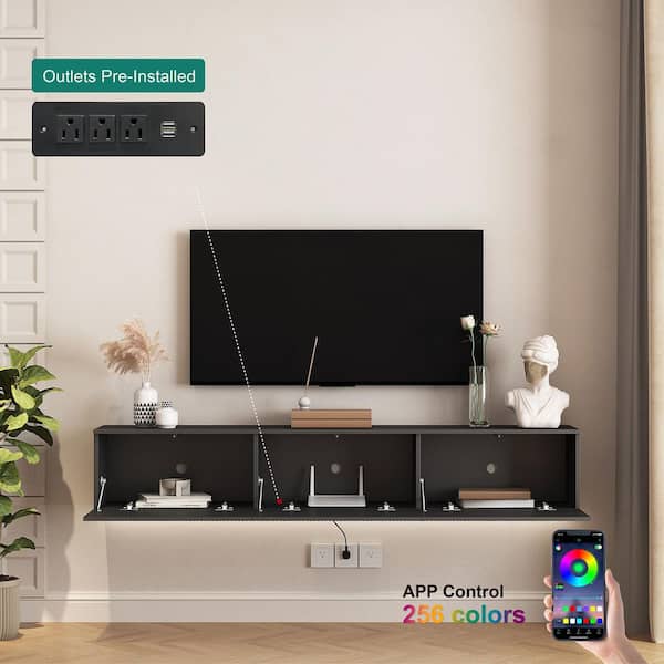 69 in. W x 11.8 in. D Black MDF Wood Floating TV Stand Shelves Decorative Wall Shelf with Lights and Power Outlet