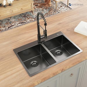Gunmetal Black Stainless Steel 33 in. 18 Gauge Double Bowl Dual Mount Kitchen Sink with Black Spring Neck Faucet