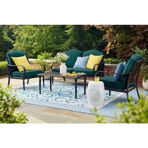 Laurel Oaks 4-Piece Black Steel Outdoor Patio Conversation Seating Set with CushionGuard Malachite Green Cushions