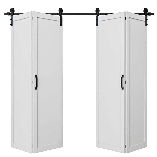 80 in. x 84 in. Paneled 1 Lite Solid Core White Finished Composite MDF Bifold Door with Bifold Barn Door Hardware