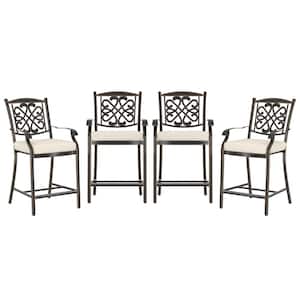 Set of 4-Cast Aluminum Flower-Shaped Backrest Outdoor Bar Stool Chairs Dining Chairs with Beige Cushions