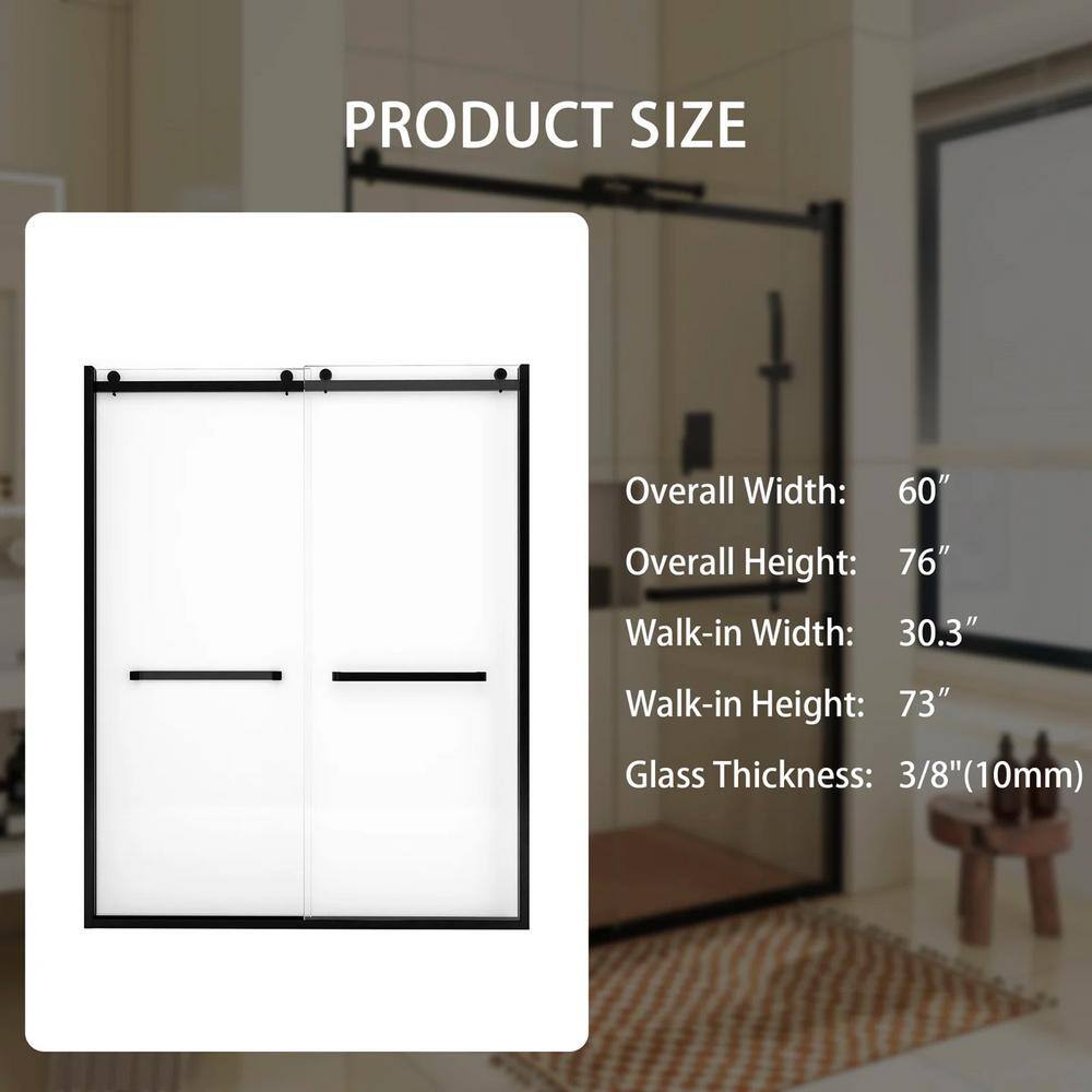 60-Inch Matte Black Frameless Sliding Shower Door with Clear Glass