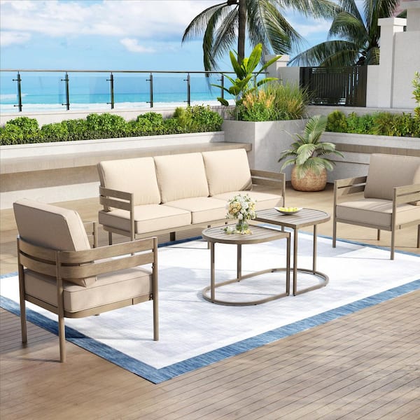 4-Piece Wood-Like Curved Back Outdoor Patio Furniture Set with Beige Cushion and Coffee Table