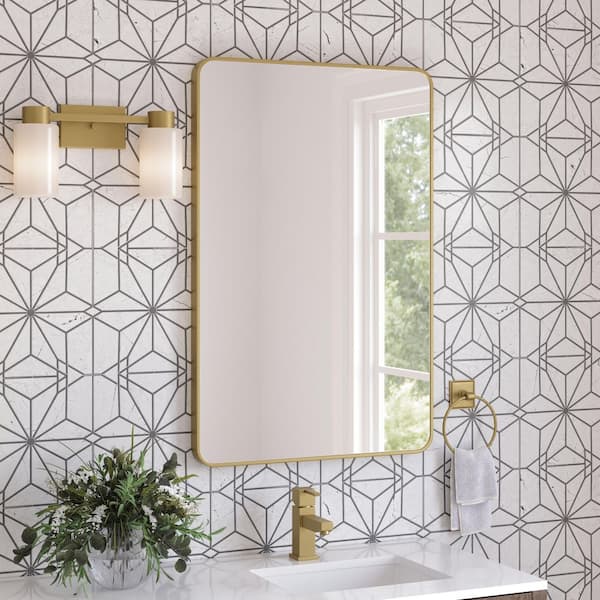 Reece 26 in. W x 40 in. H Rectangle Framed Anodized Aluminum Wall Mount Floating Bathroom Mirror in Brushed Harvest Gold