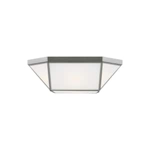 Morrison 15.5 in. 2-Lght Brushed Nickel Flush Mount with White Glass Panel