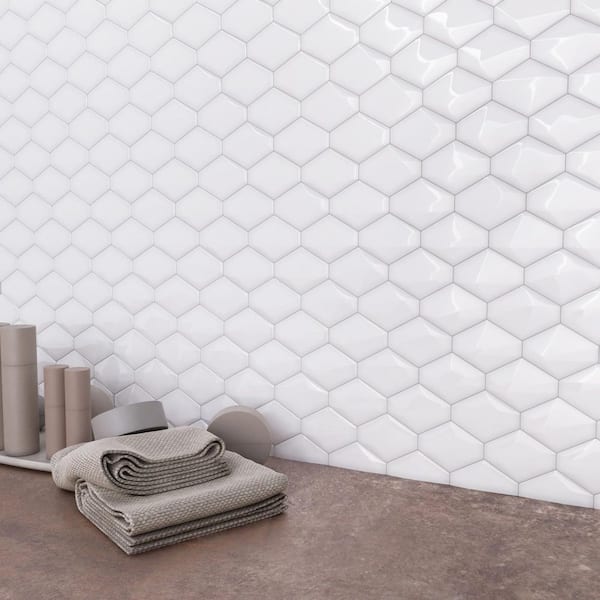 Medley Diamond Cloud White 10.39 in. x 12.55 in. Glossy Ceramic Mosaic Wall Tile (0.9 sq. ft./Each)