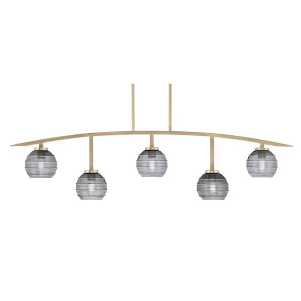 Unbranded Siena 51.25 in. 5-Light New Age Brass Chandelier with 6 in. Smoke Ribbed Glass Shades, no bulbs included