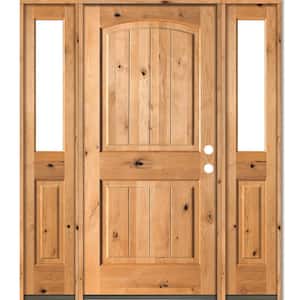 58 in. x 80 in. Rustic Knotty Alder Arch clear stain Wood w.V-Groove Left Hand Single Prehung Front Door/Half Sidelites