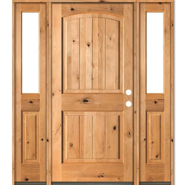 Krosswood Doors 58 in. x 80 in. Rustic Knotty Alder Arch clear stain Wood w.V-Groove Left Hand Single Prehung Front Door/Half Sidelites