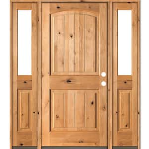 60 in. x 80 in. Rustic Knotty Alder Arch clear stain Wood w.V-Groove Left Hand Single Prehung Front Door/Half Sidelites
