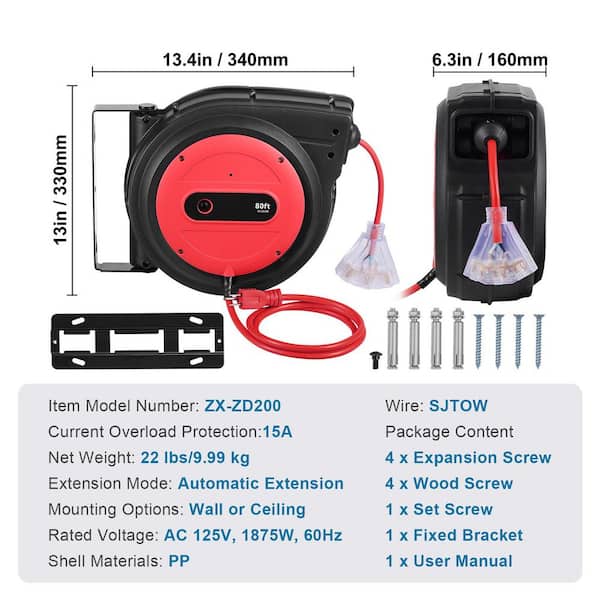 SKYSHALO Retractable Extension Cord Reel 80ft. Heavy Duty 12