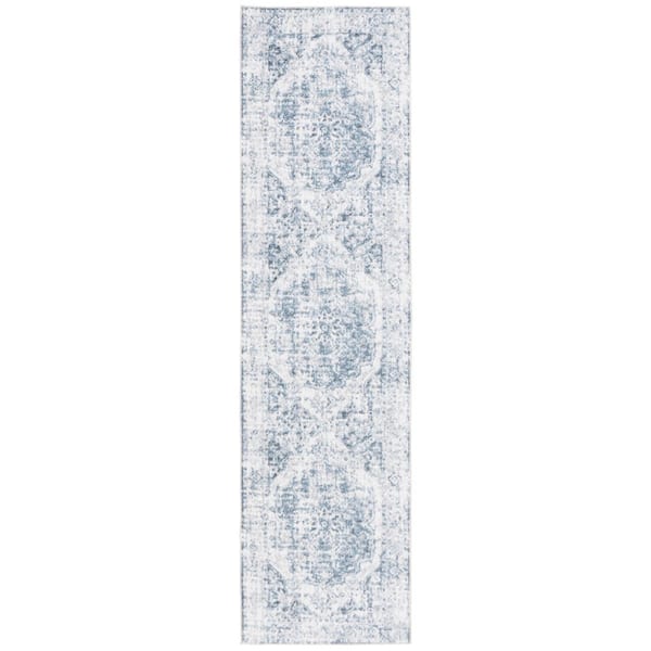 Baltimore 2 ft. x 8 ft. Light Gray/Blue Machine Washable Distressed Medallion Runner Rug