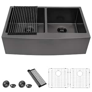 33 in.Gunmetal Black 50/50 Double Bowl 16-Gauge Stainless Steel Farmhouse Apron Kitchen Sink with Bottom Grids