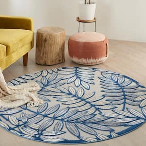 Aloha Ivory/Navy 4 ft. x 4 ft. Round Floral Contemporary Indoor/Outdoor Patio Area Rug