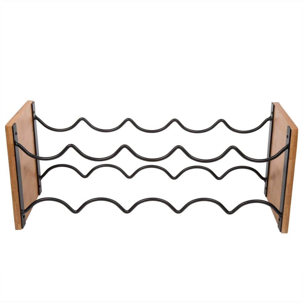 Acacia Wood and Black Steel 6-Bottle Wine Rack