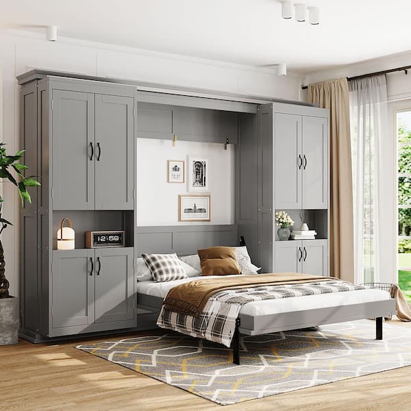 Gray Wood Frame Queen Size Murphy Bed with Dual Sliding Storage Cabinets, Dual 6-Tier Side Shelves