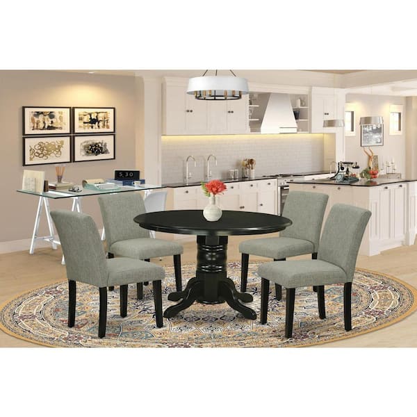 East West Furniture 5-Piece Round Black Finish Solid Wood Top Dining Table with 4-Parson Chair with Lattice Back