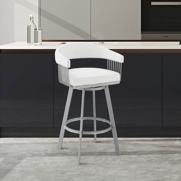 Armen Living Chelsea 30 in. White/Silver High Back Metal Swivel Bar Stool with Faux Leather Seat