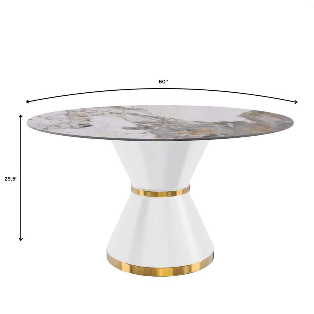 Modern Round White and Gold Dining Table with Glass Top for Six