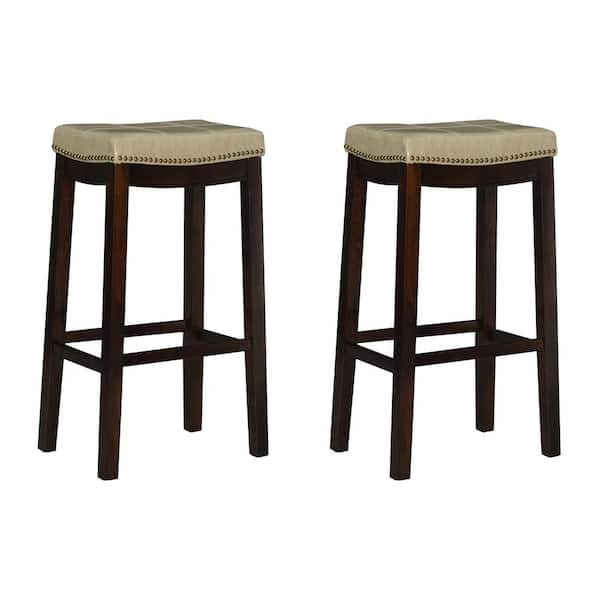 Linon Home Decor Concord 32 in. Brown Backless Wood Bar Stool with Beige Faux Leather Seat Set of 2