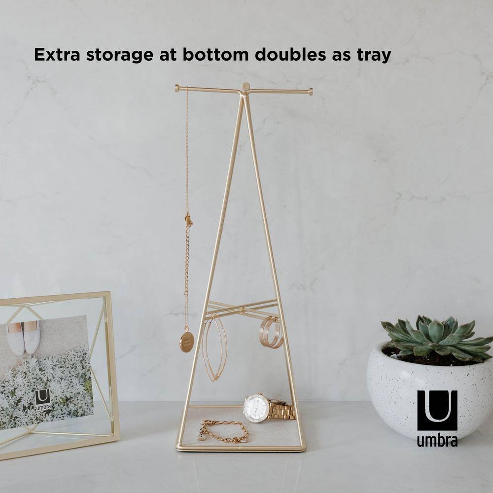 Matte Brass Steel Pyramid Jewelry Stand with Linen Base