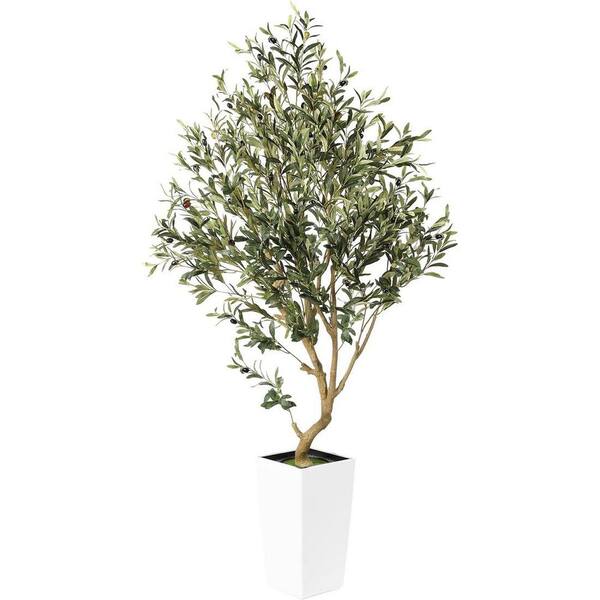 Artificial 5.5 ft. Olive Tree in White Tall Planter Indoor Faux Plant ...