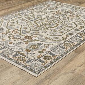 Hunter Ivory/Green 8 ft. x 11 ft. Layered Floral Medallion Polyester Fringe-Edge Indoor Area Rug