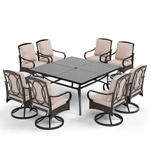 9-Piece Metal Outdoor Dining Set with Square Table and Rattan Swivel Chairs with Beige Cushions