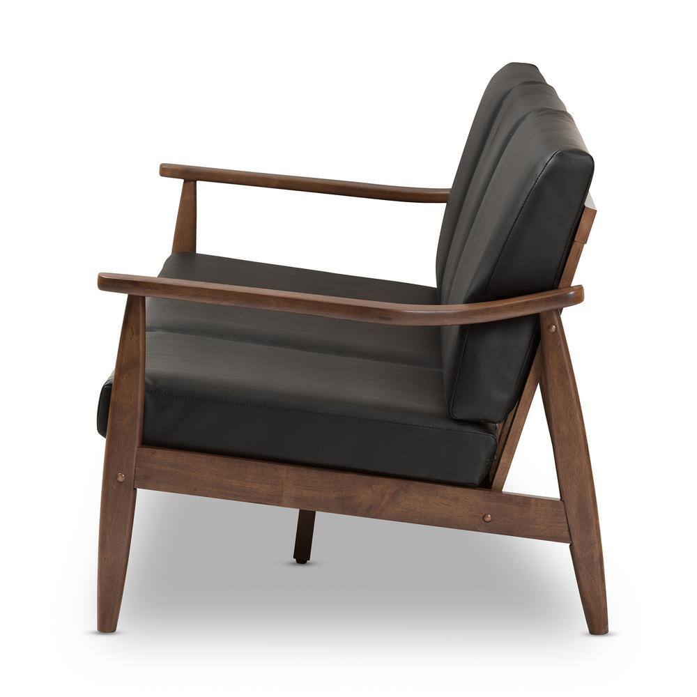 Venza Mid-Century Modern Black Faux Leather Walnut Wood 3-Seater Sofa