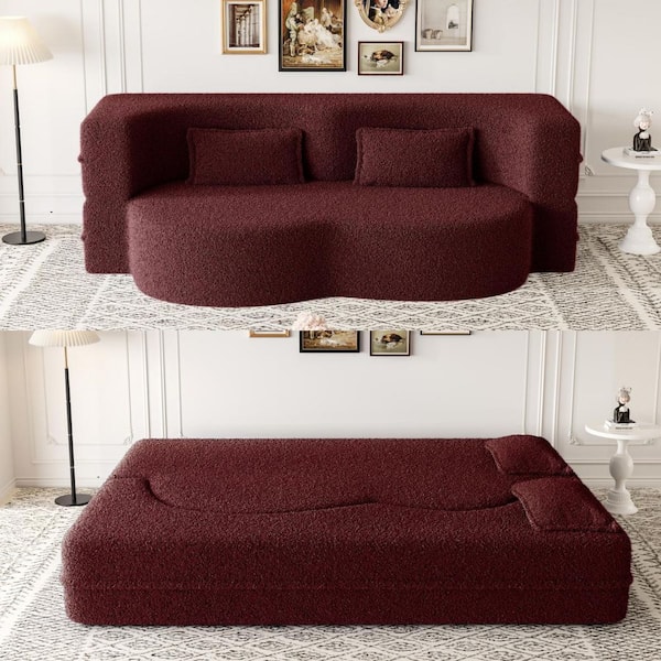CSC DECOR INC 78" Square Arm Fabric Curved 3 in 1 Sofa with Pillow Foam-Filled Sleeper Sofa Bed 15" Full Folding Mattress in Burgundy
