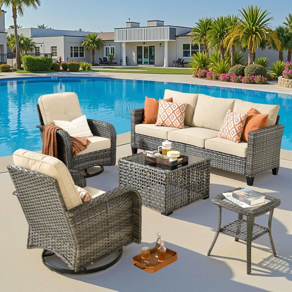 Thallo Gray 5-Piece Wicker Outdoor Sectional Patio Conversation Set with Beige Cushions, Rocking Chair and Ottomans