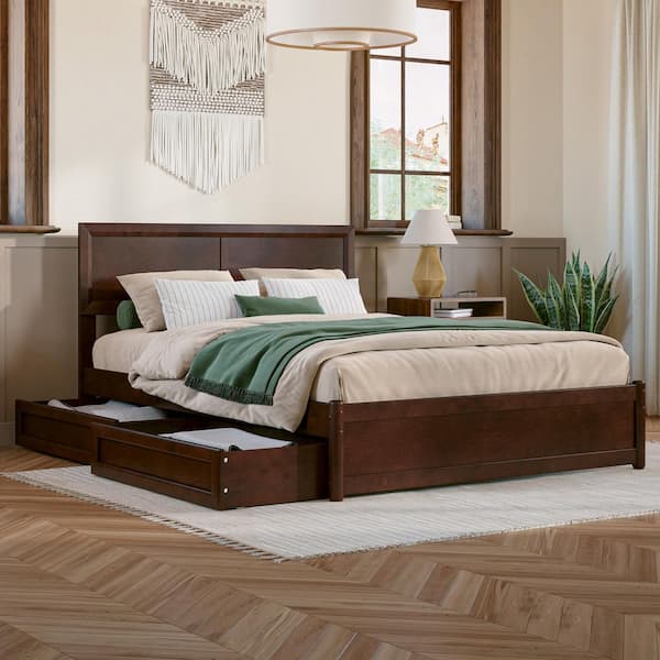 Lylah Walnut Brown Solid Wood Frame Full Platform Bed with Panel Footboard and Storage Drawers