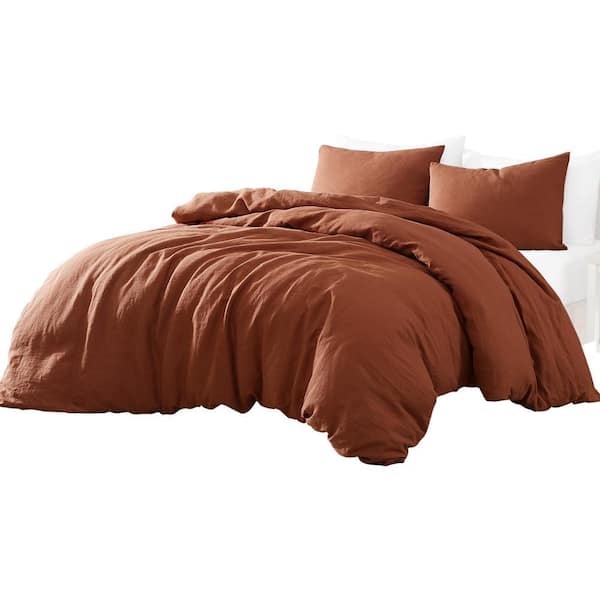 Benjara Edge 4- Piece Rust Orange Solid Print Linen King Comforter Set