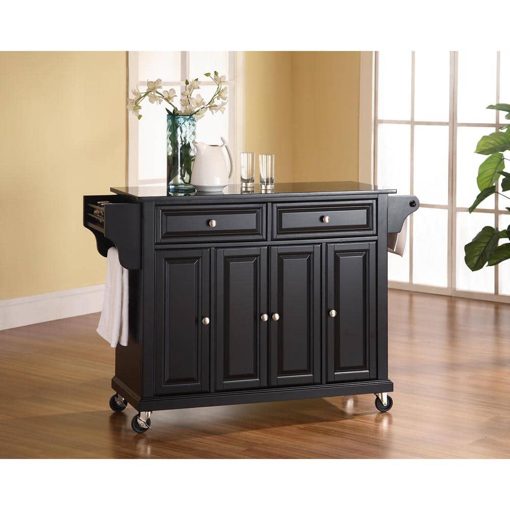 Black Granite Top Kitchen Cart with Storage and Spice Rack