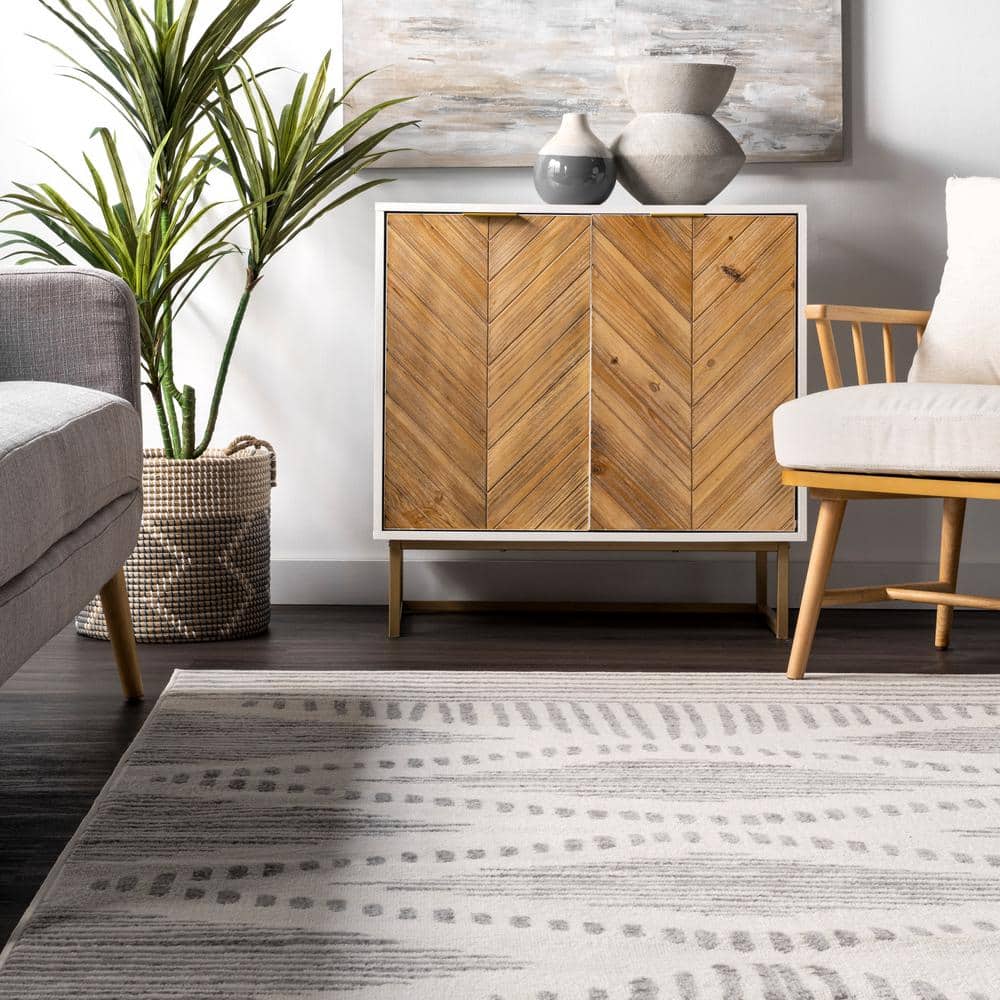 Light Gray Rectangular Striped Synthetic Area Rug