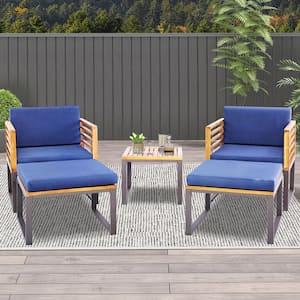 5-Pieces Patio Acacia Wood Chair and Ottoman Set Outdoor Furniture Set with Navy Cushions