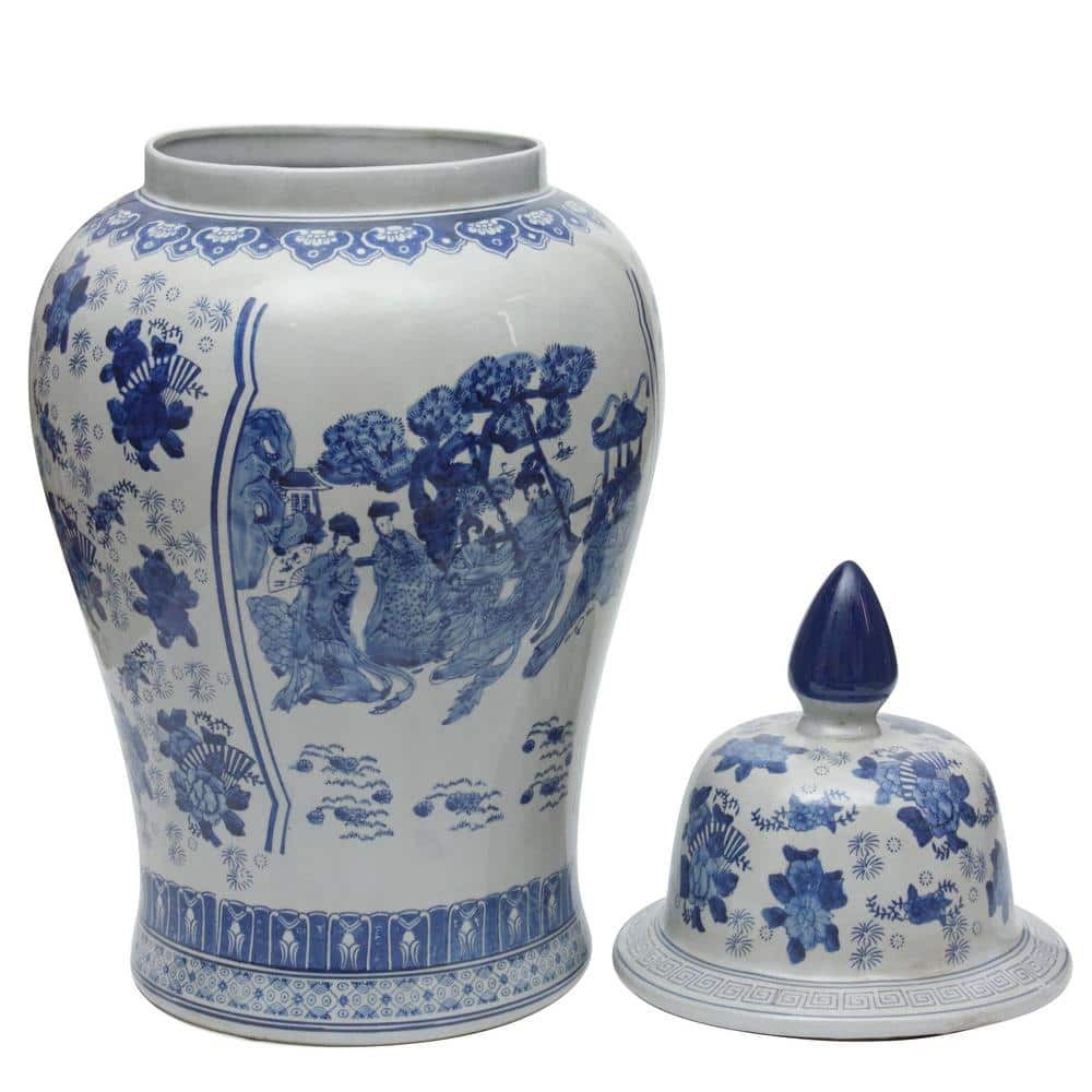 32" Blue and White Porcelain Temple Jar with Floral Design