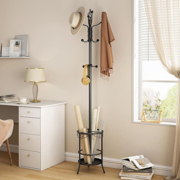 Coat Rack Stand Black Metal Umbrella Stand with 12-Hooks Space Saving Freestanding Organizer for Entryway Bedroom