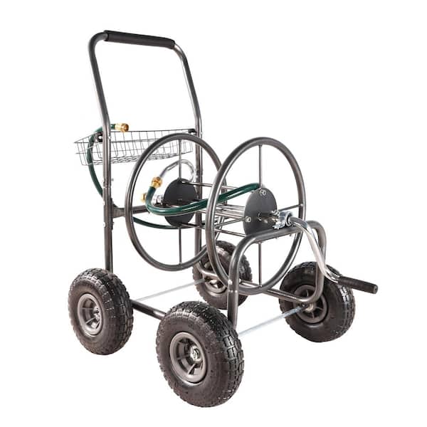 24.5 in. W Dark Gray 4 Wheels Portable Garden Hose Reel Cart with Storage Basket