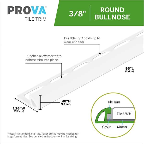 White 1.26 in. W x 96 in. L PVC 3/8 in. Bullnose Trim