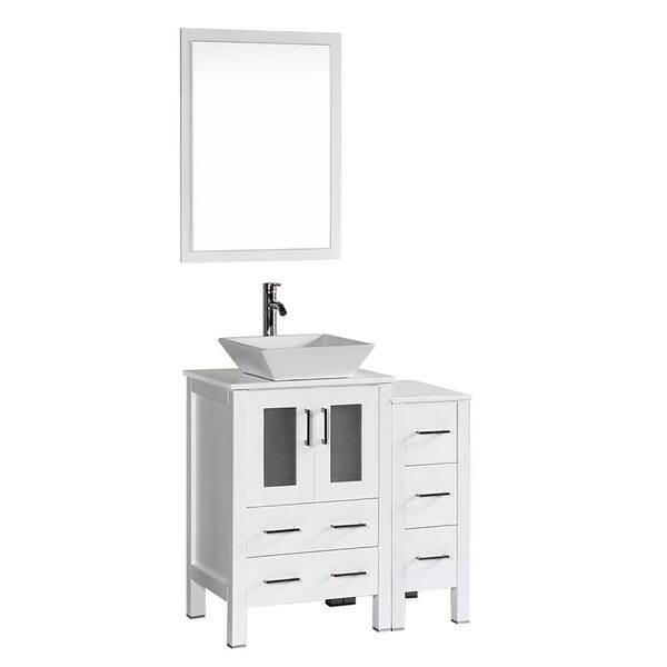 Bosconi 36 in. W Single Bath Vanity in White with Pheonix Stone Vanity Top with White Basin and Mirror