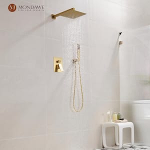 2-Spray Patterns 10 in. Wall Mount Square Rainfall Dual Shower Heads in Brushed Gold Bathroom Showers