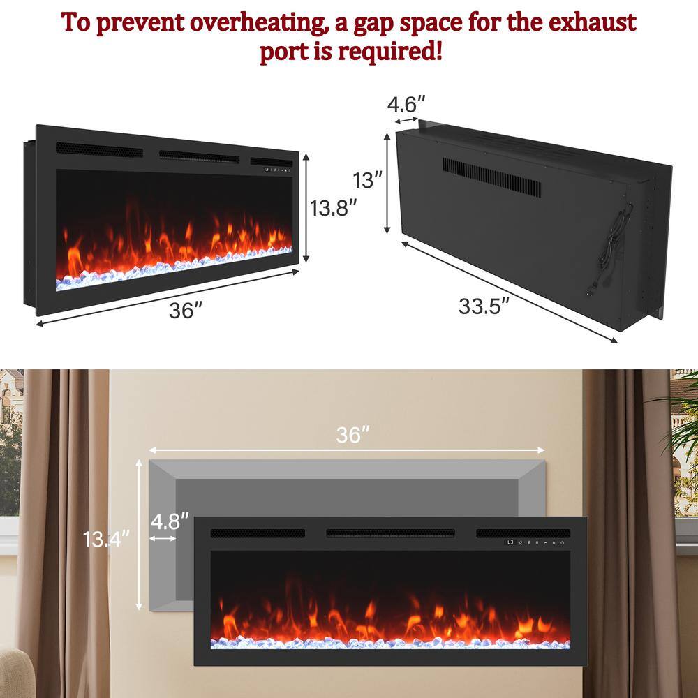 36" Black Glass Wall-Mount Electric Fireplace with Remote Control