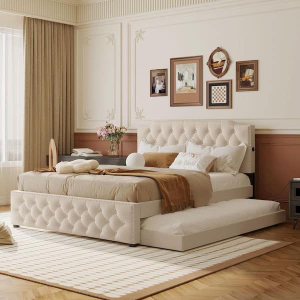Beige Wood Frame Queen Size Platform Bed with Twin Size Trundle and 2 Sets Of Usb Ports On Each Side