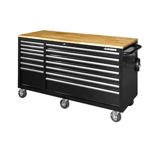 62 in. W x 24 in. D Standard Duty 14-Drawer Mobile Workbench Cabinet Tool Chest with Solid Wood Top in Gloss Black