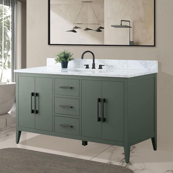 60 in. W x 22 in. D x 34 in. H Single Sink Bathroom Vanity Cabinet in Vintage Green with Engineered Marble Top in White
