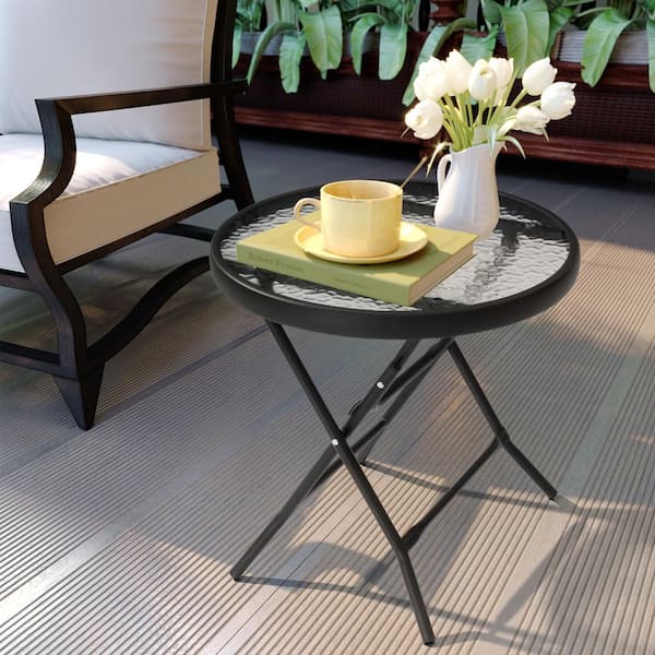 Patio Foldable Outdoor Metal Glass Side Table in Black (2-Pack)