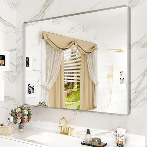 Apmir 40 in. W x 30 in. H Rectangular Aluminum Alloy Framed and Tempered Glass Wall Bathroom Vanity Mirror in Brushed Silver